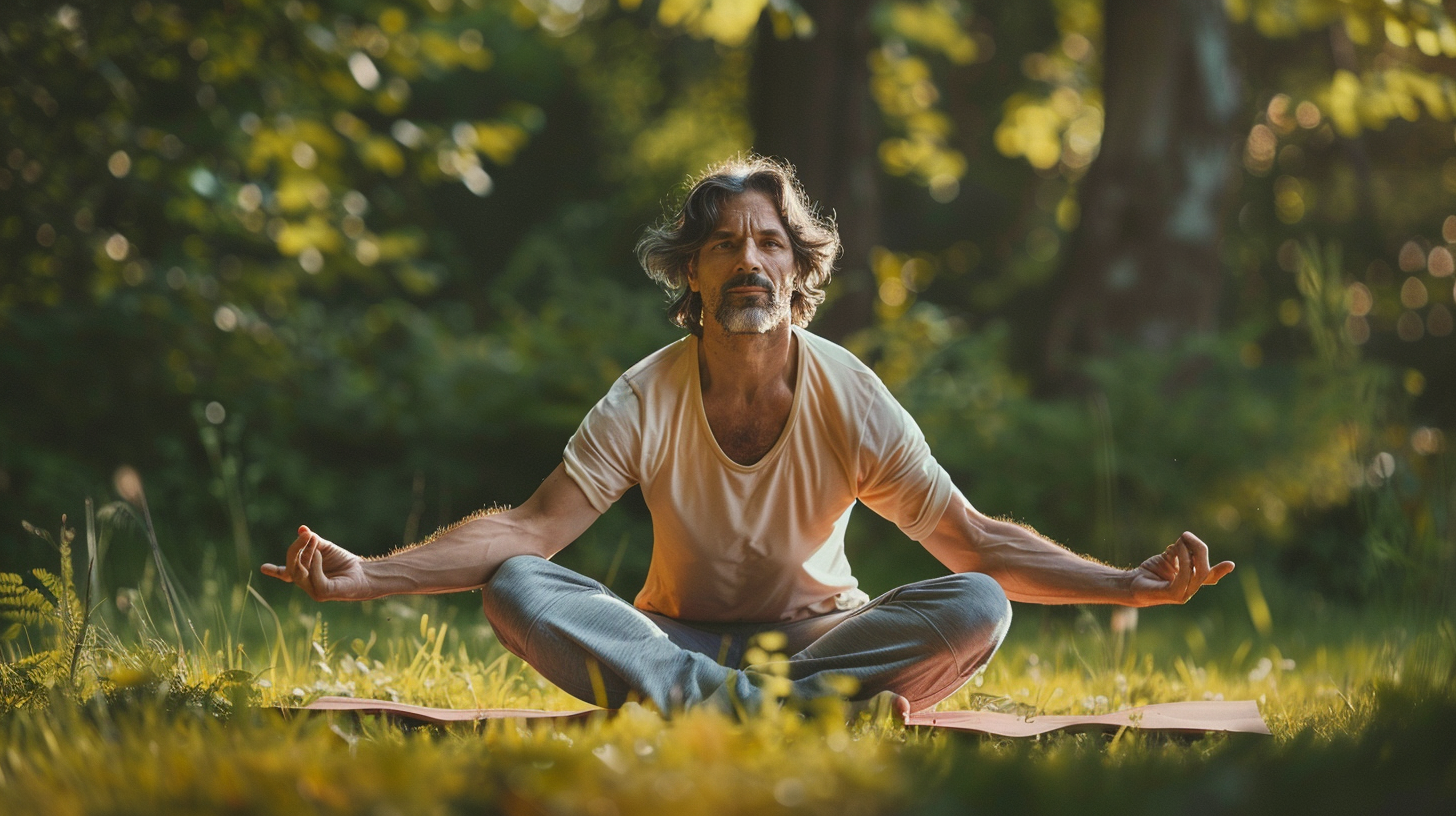 Чоловік середнього віку виконує розтяжку в йога позі