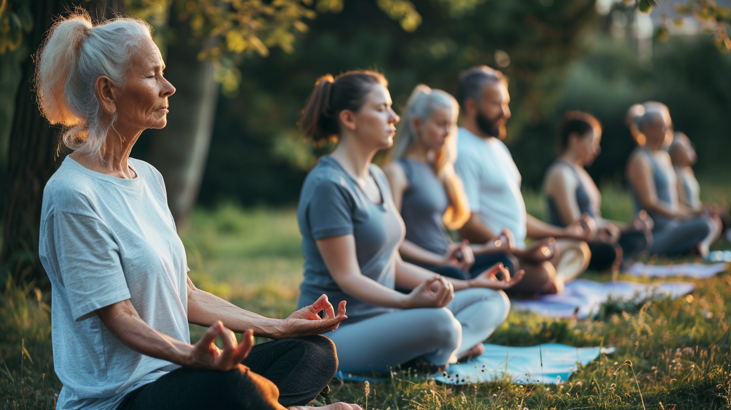 Група людей медитує на заході сонця