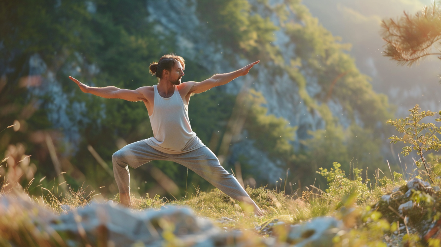 Молодий чоловік у позі воїна на природі